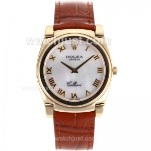 Replica Rolex Cellini Full Gold Case Roman Markers With White Mop Dial Brown Leather Strap Watch