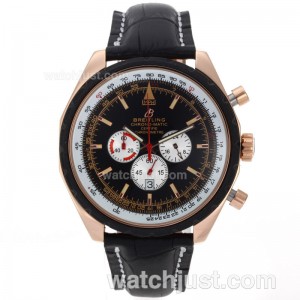 Replica Breitling Chrono Matic Working Rose Gold Case With Black Dial Leather Strap Watch